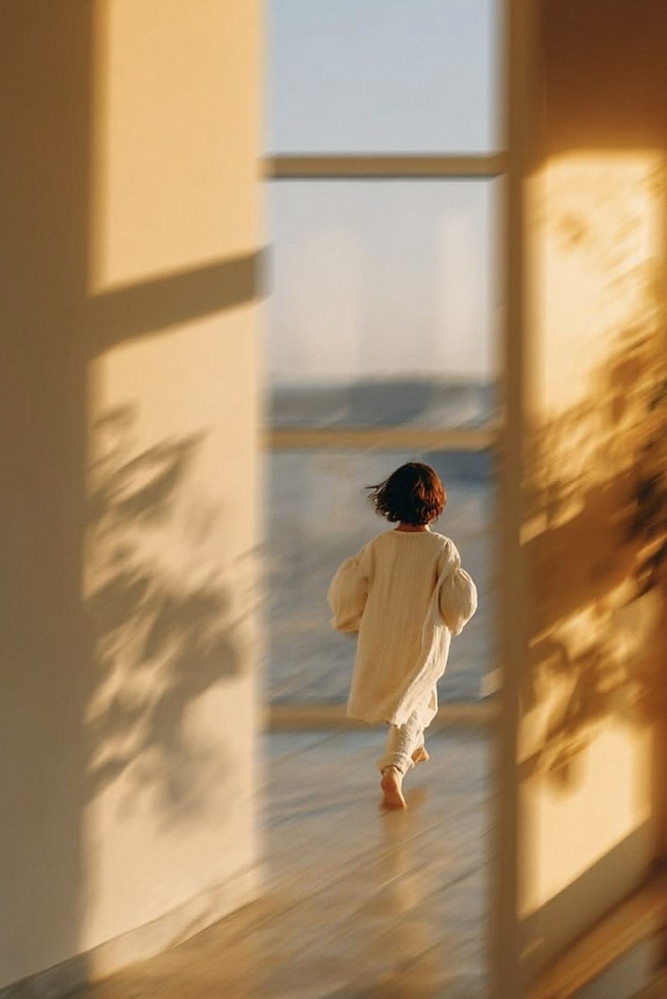 Niña corriendo descalza hacia una ventana con el mar al fondo